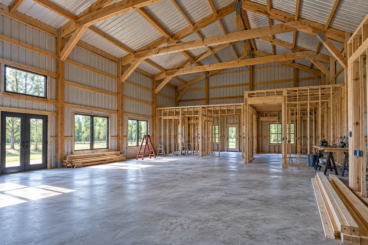 Barndominium interior during construction with post-frame structure and framed rooms