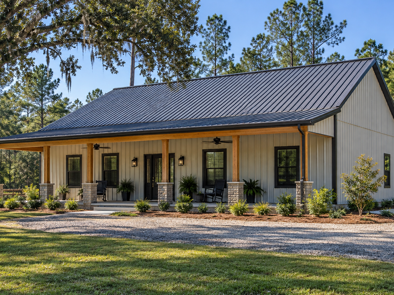 Family-oriented barndominium with covered front porch