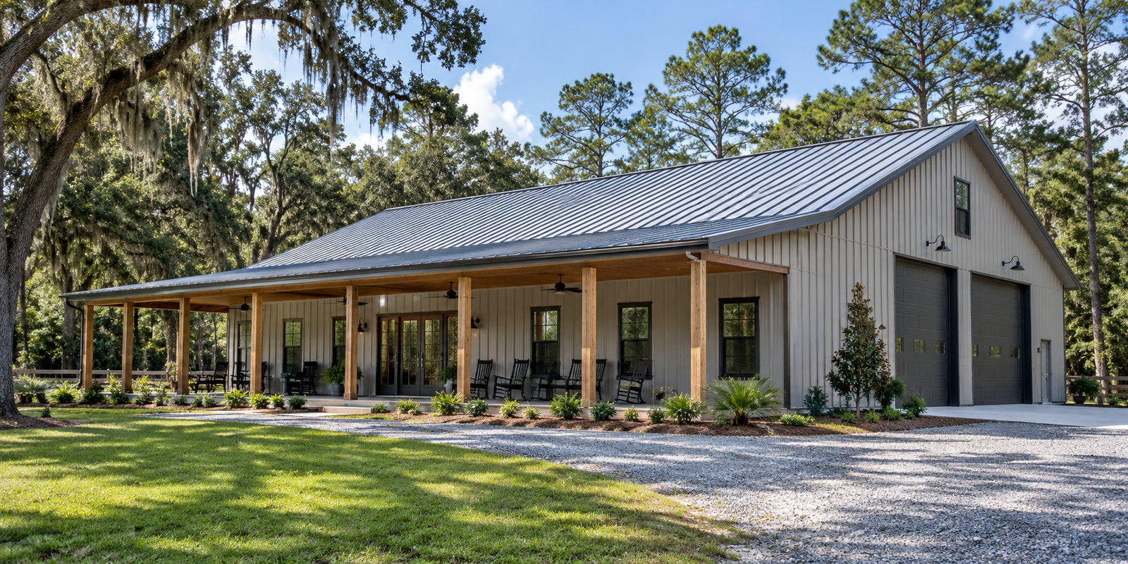 Wide Florida barndominium exterior with wraparound porch