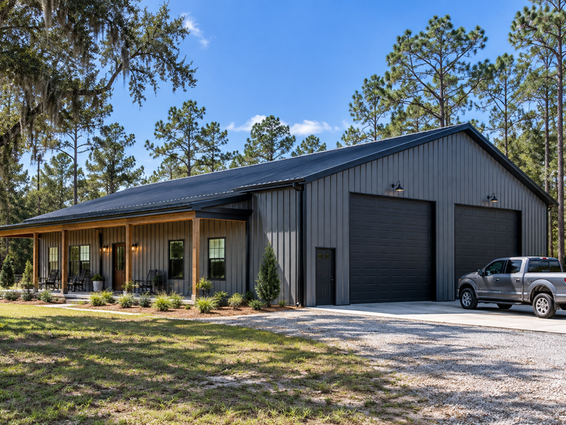 Barndominium with attached workshop and large garage doors