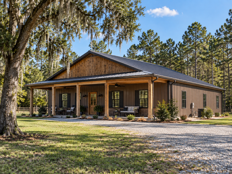 Rural retreat barndominium with timber porch