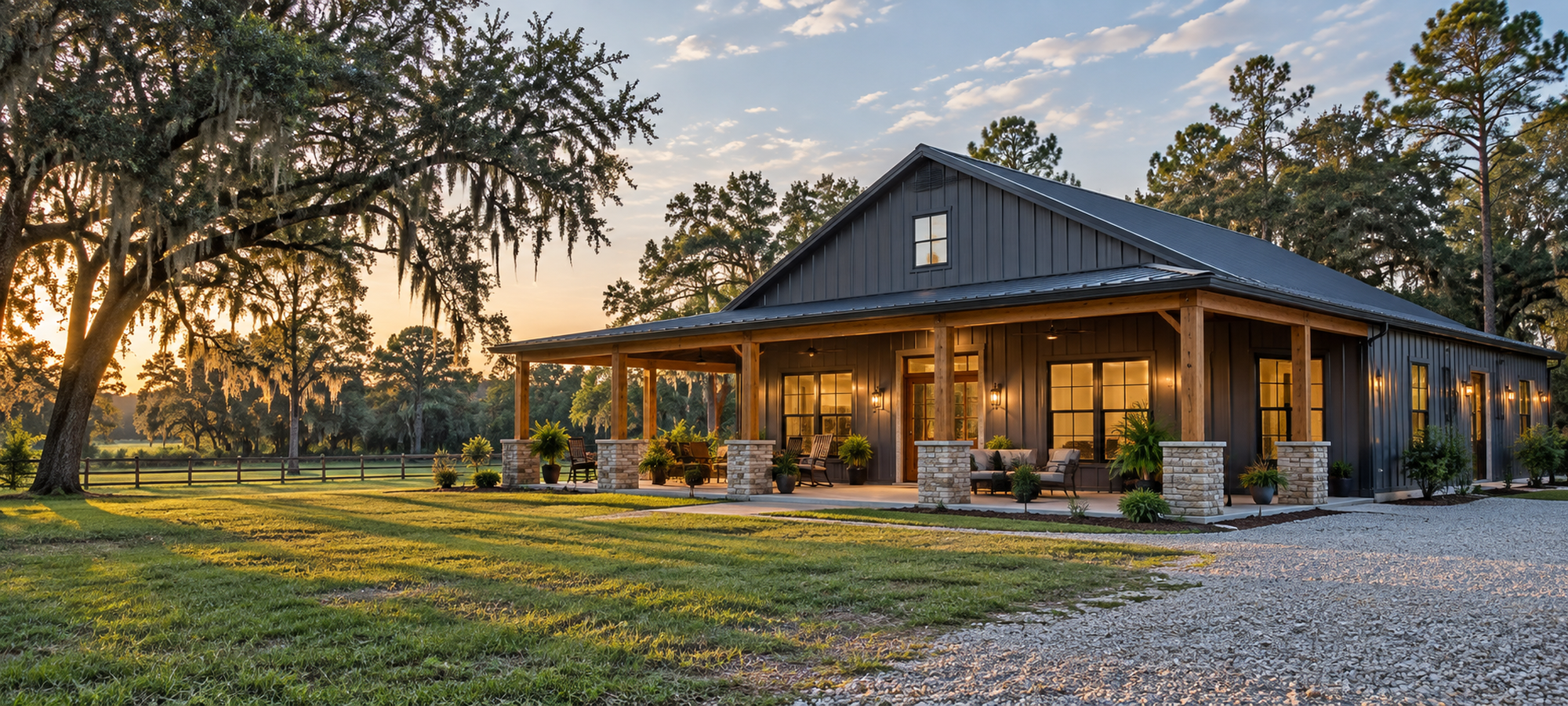 Finished Florida barndominium with a deep covered porch and metal roof