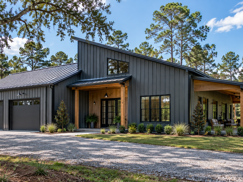 Modern dark-metal barndominium with clean residential lines
