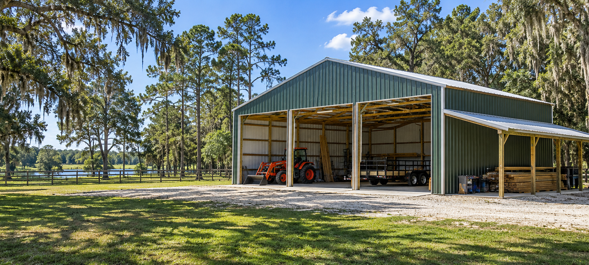 North Central Florida equipment barn with open bays, tractor storage and timber lean-to