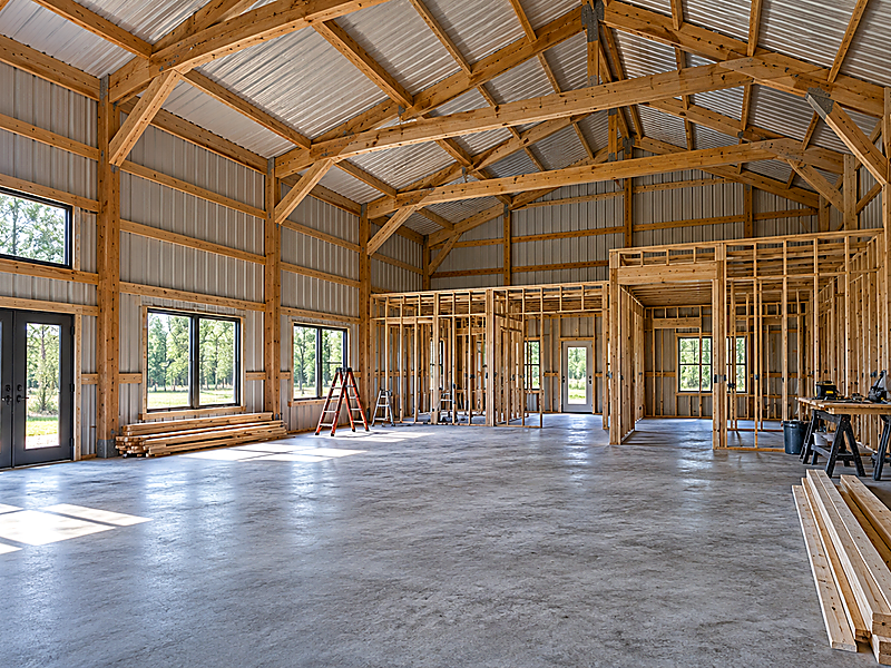 Open interior workshop building under construction