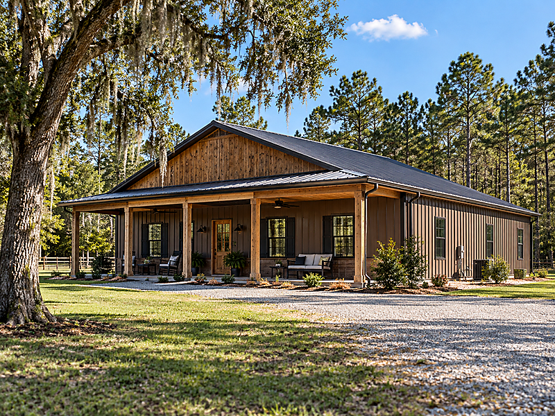 Workshop building with covered exterior area