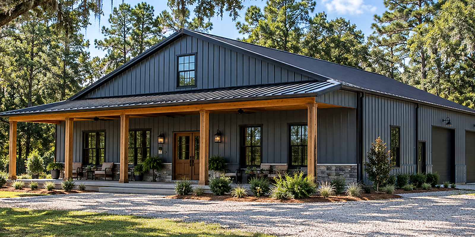 Metal workshop-style pole barn on a North Central Florida rural property