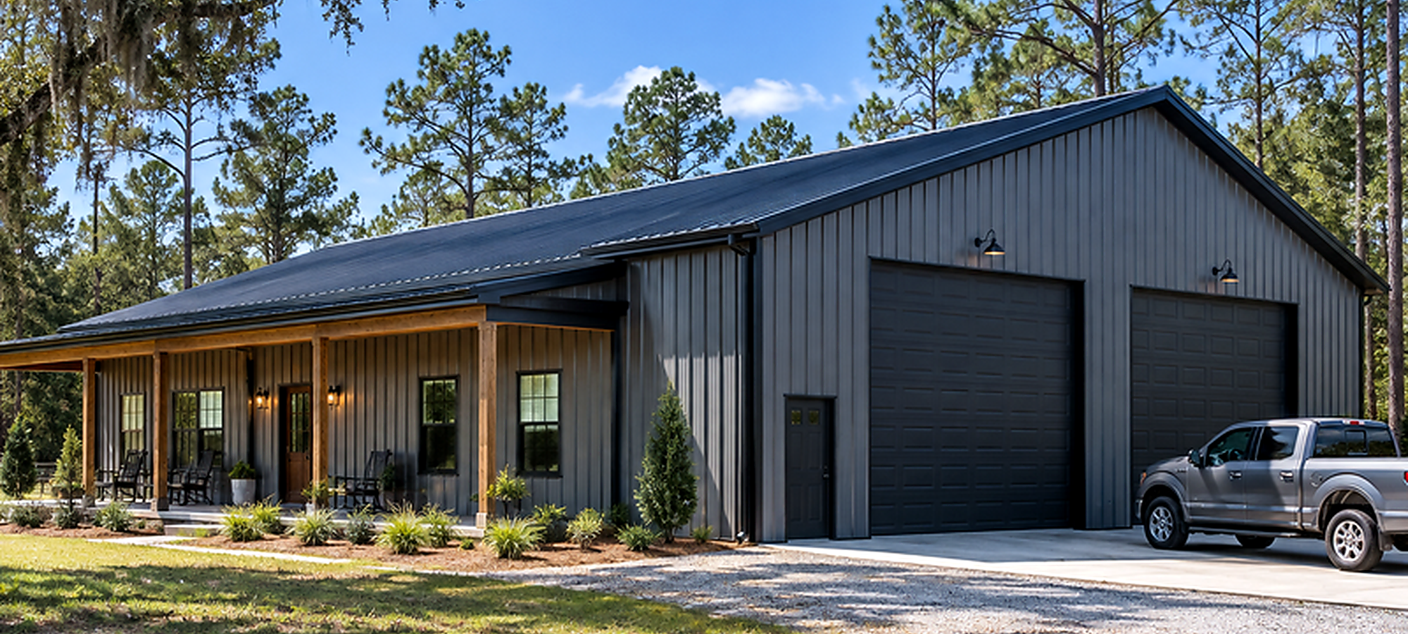 Metal workshop pole barn with large overhead doors in a North Central Florida rural setting