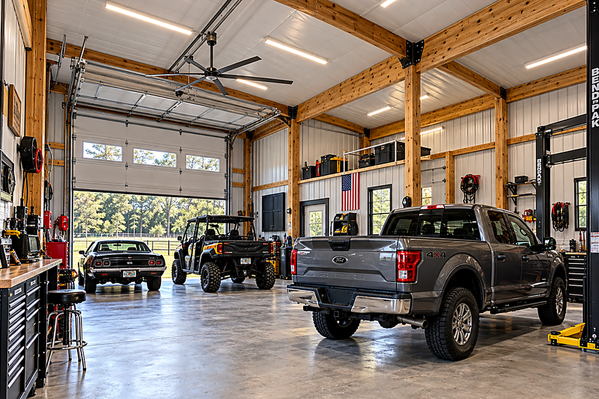 Finished workshop interior with open vehicle and equipment space